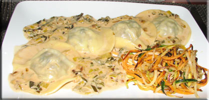 ravioli with duck confit and portobello mushrooms